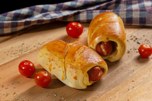 Freshly baked sausage rolls with cherry tomatoes on a rustic wooden table.